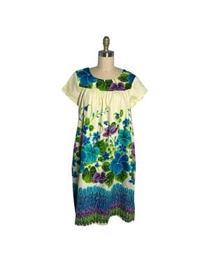 Vintage 1960s Ui-Makai Hawaiian Muumuu Dress Floral Cotton Made In Hawaii L